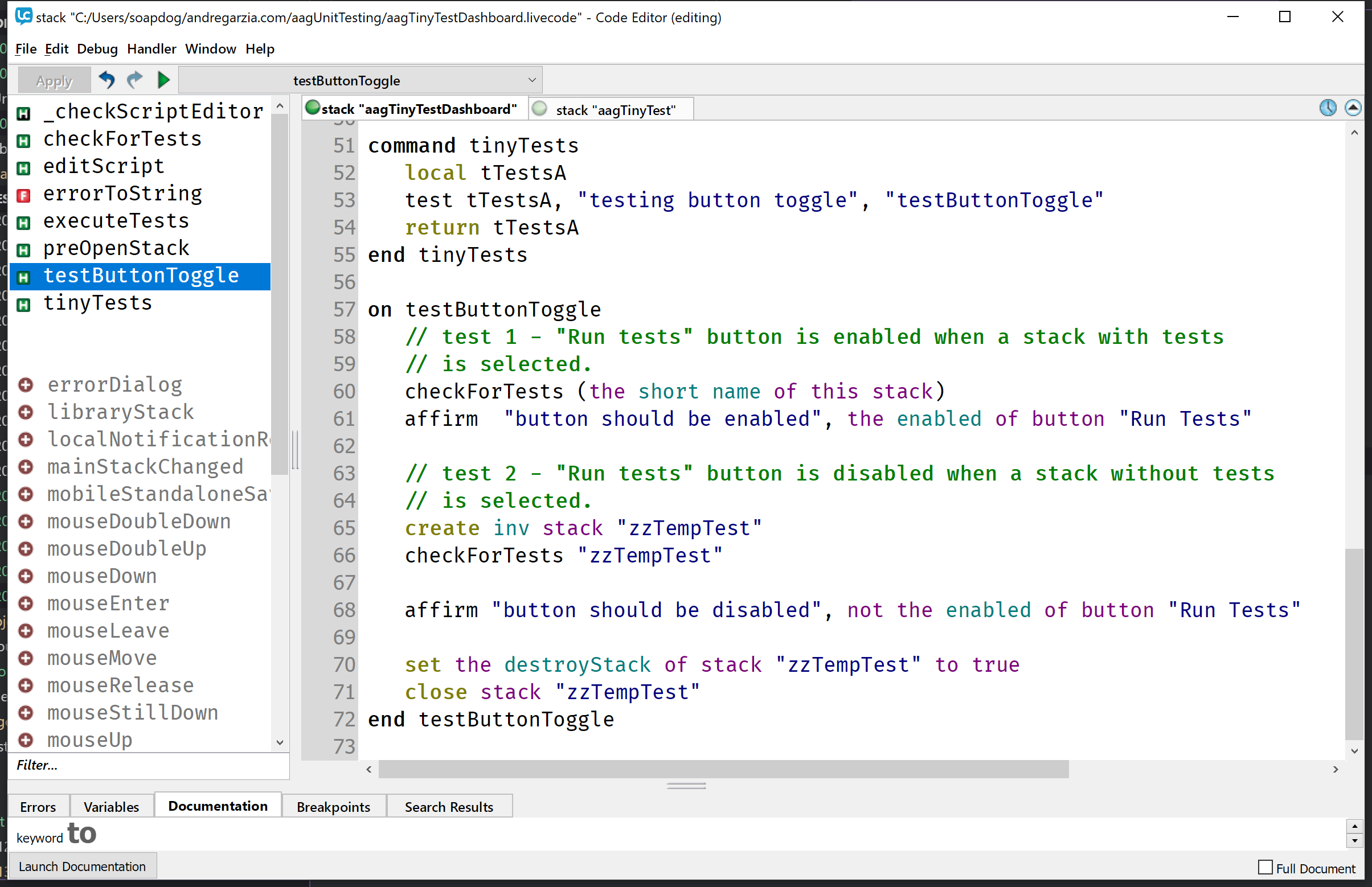 Script Editor showing unit tests